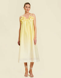 Solenn Midi Dress in Vanilla Sunrise linen organza with 3D shell details, straight neckline, and relaxed midi silhouette.