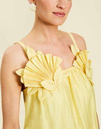 Solenn Midi Dress in Vanilla Sunrise linen organza with 3D shell details, straight neckline, and relaxed midi silhouette.