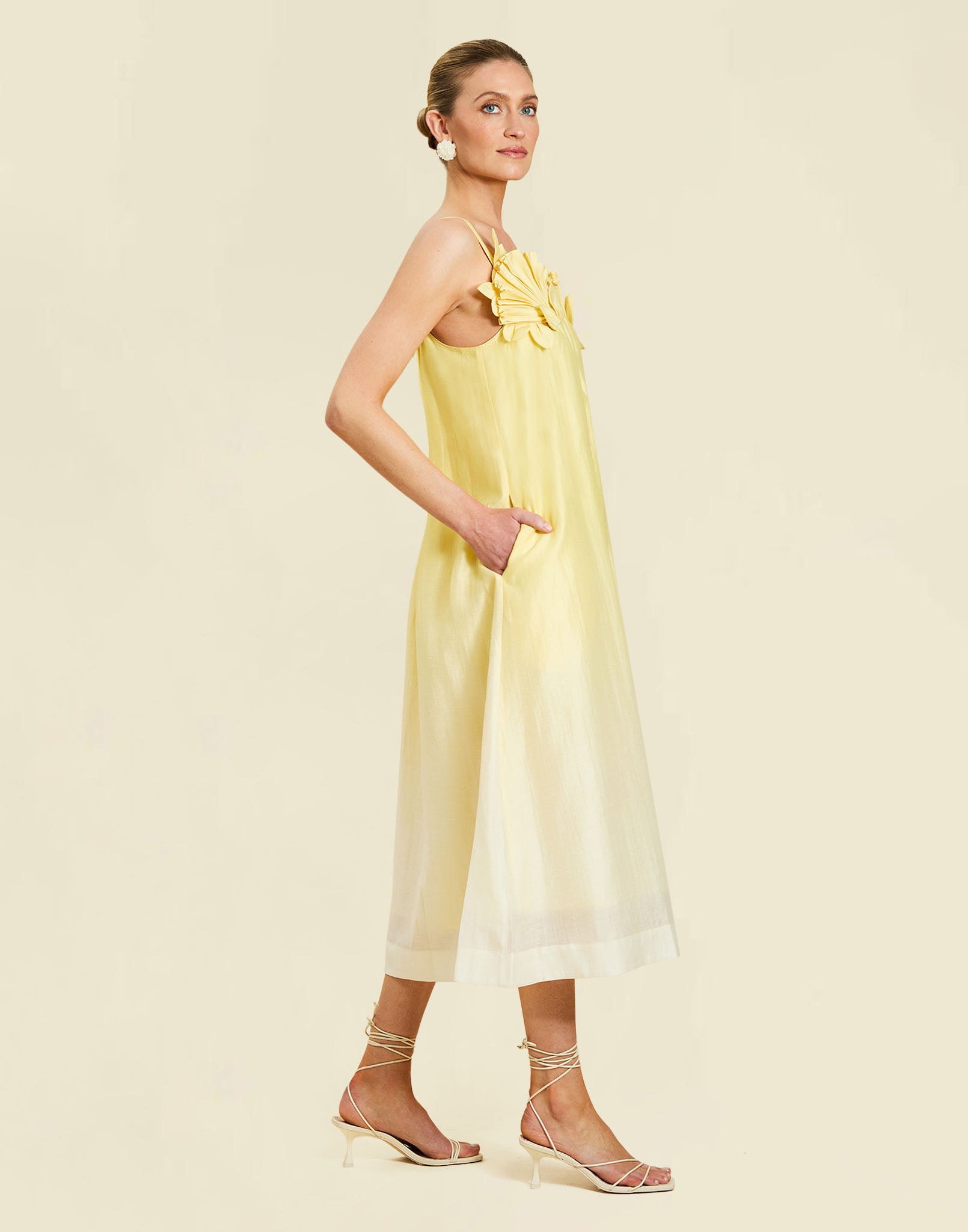 Solenn Midi Dress in Vanilla Sunrise linen organza with 3D shell details, straight neckline, and relaxed midi silhouette.