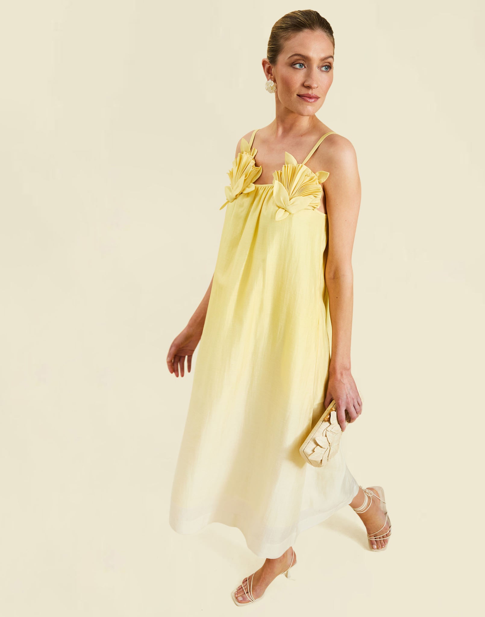 Solenn Midi Dress in Vanilla Sunrise linen organza with 3D shell details, straight neckline, and relaxed midi silhouette.