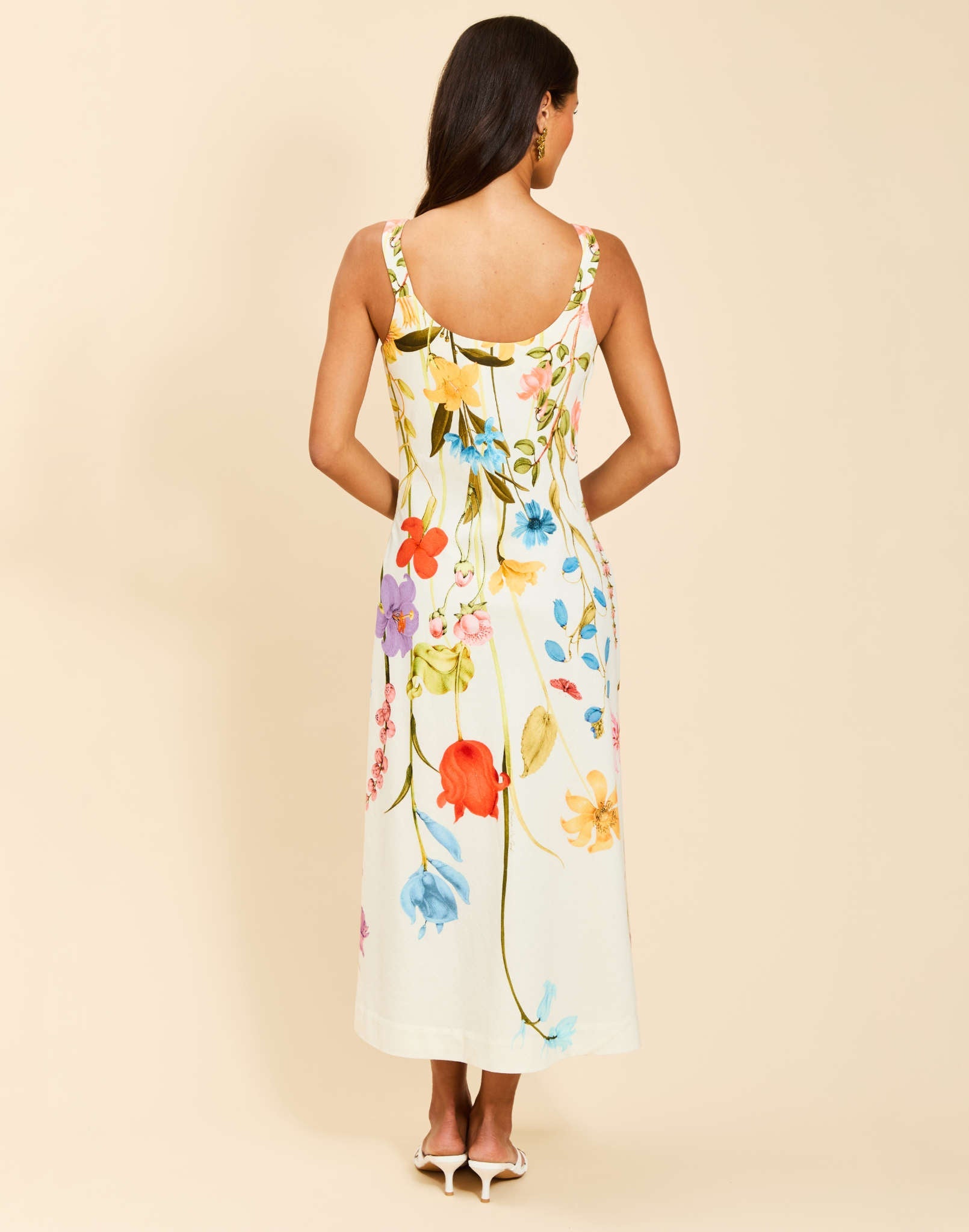 Sugarcane Slip Midi Dress in Garden Muse linen with bias-cut silhouette, scoop neckline, thick tank straps, and subtle A-line skirt.