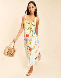 Sugarcane Slip Midi Dress in Garden Muse linen with bias-cut silhouette, scoop neckline, thick tank straps, and subtle A-line skirt.