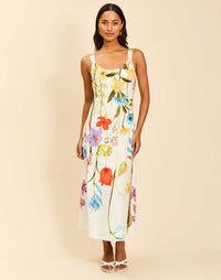 Sugarcane Slip Midi Dress in Garden Muse linen with bias-cut silhouette, scoop neckline, thick tank straps, and subtle A-line skirt.