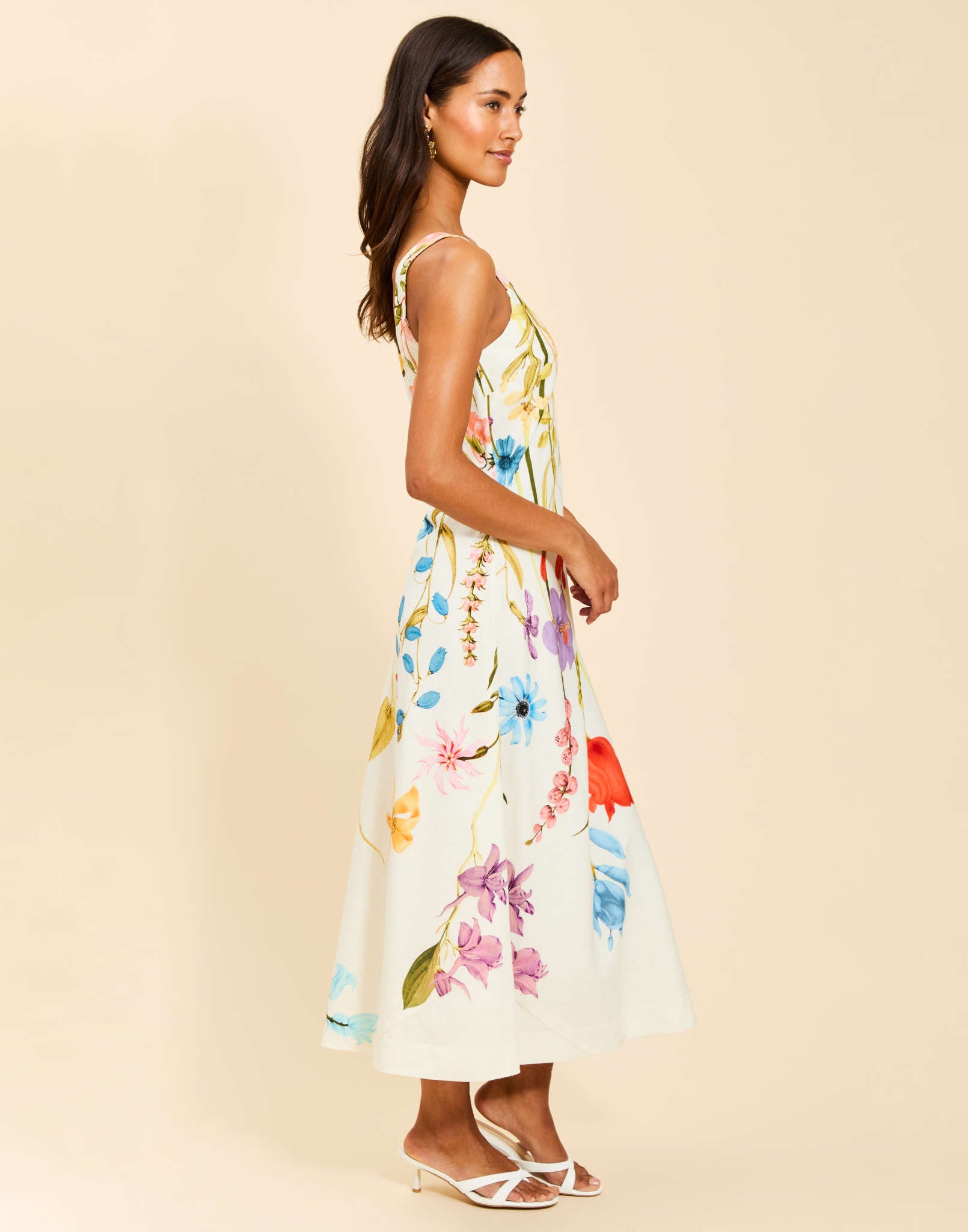 Sugarcane Slip Midi Dress in Garden Muse linen with bias-cut silhouette, scoop neckline, thick tank straps, and subtle A-line skirt.