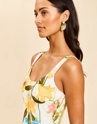 Sugarcane Slip Midi Dress in Garden Muse linen with bias-cut silhouette, scoop neckline, thick tank straps, and subtle A-line skirt.