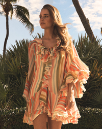 Bimini Ruffle Caftan Mini Dress in Paradise Stripe chiffon with cascading ruffles, tie neckline, and flowy mini silhouette.