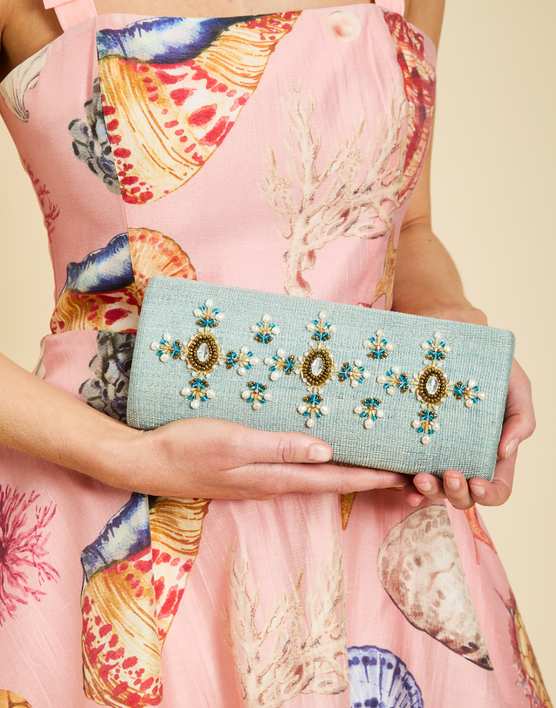 Peridot Beaded Clutch in Aqua Gold with gemstone detailing, intricate beadwork, and structured evening silhouette.