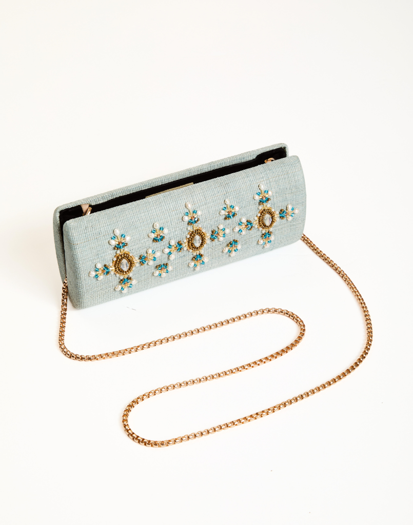 Peridot Beaded Clutch in Aqua Gold with gemstone detailing, intricate beadwork, and structured evening silhouette.