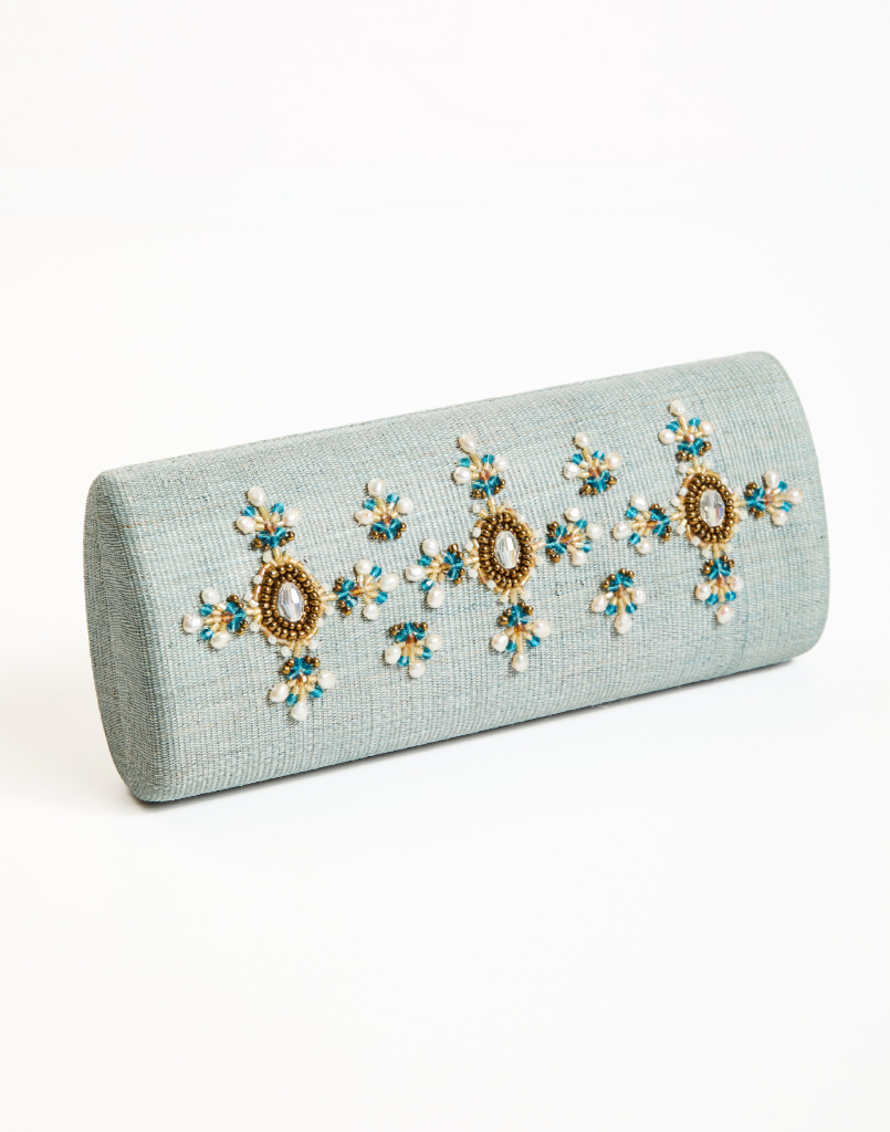 Peridot Beaded Clutch in Aqua Gold with gemstone detailing, intricate beadwork, and structured evening silhouette.