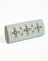 Peridot Beaded Clutch in Aqua Gold with gemstone detailing, intricate beadwork, and structured evening silhouette.