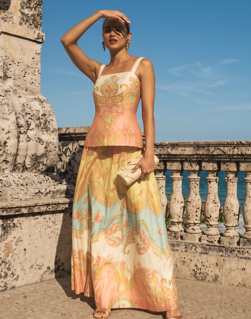 St. Germain Convertible Gown in Venetian Paisley linen organza with strapless bodice, fitted top, and full-length skirt.