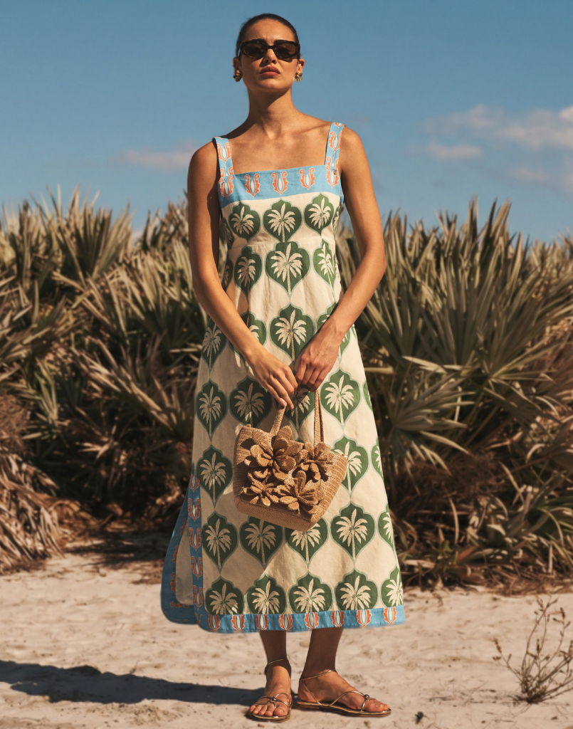 Apollo Convertible Midi Dress in Palm Bay Blue linen with square neckline, removable sleeves, and empire waist silhouette.