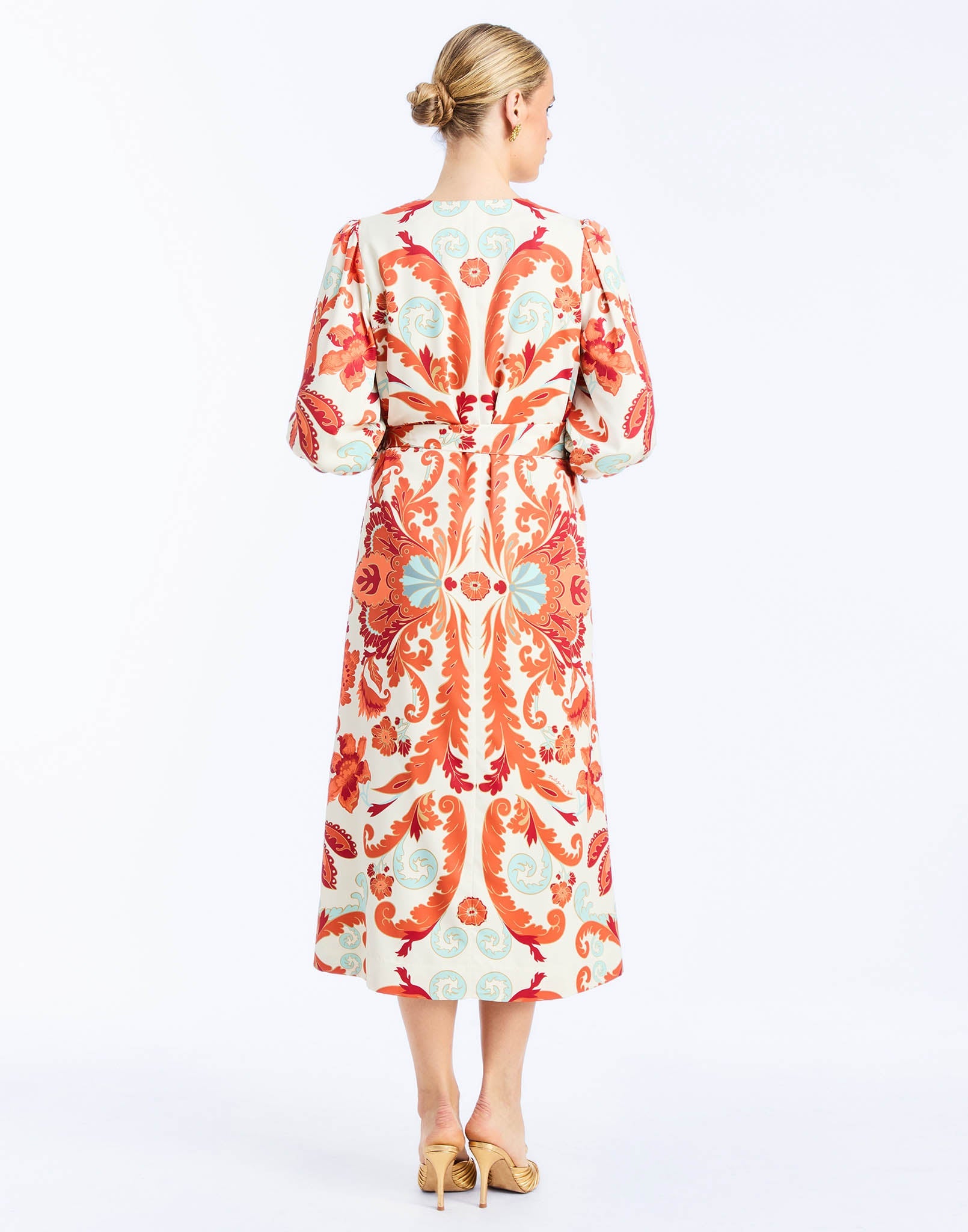 back - Suzanna Midi Dress in Rossa Waltz is an A-line daytime midi with balloon sleeves and self-tie belt