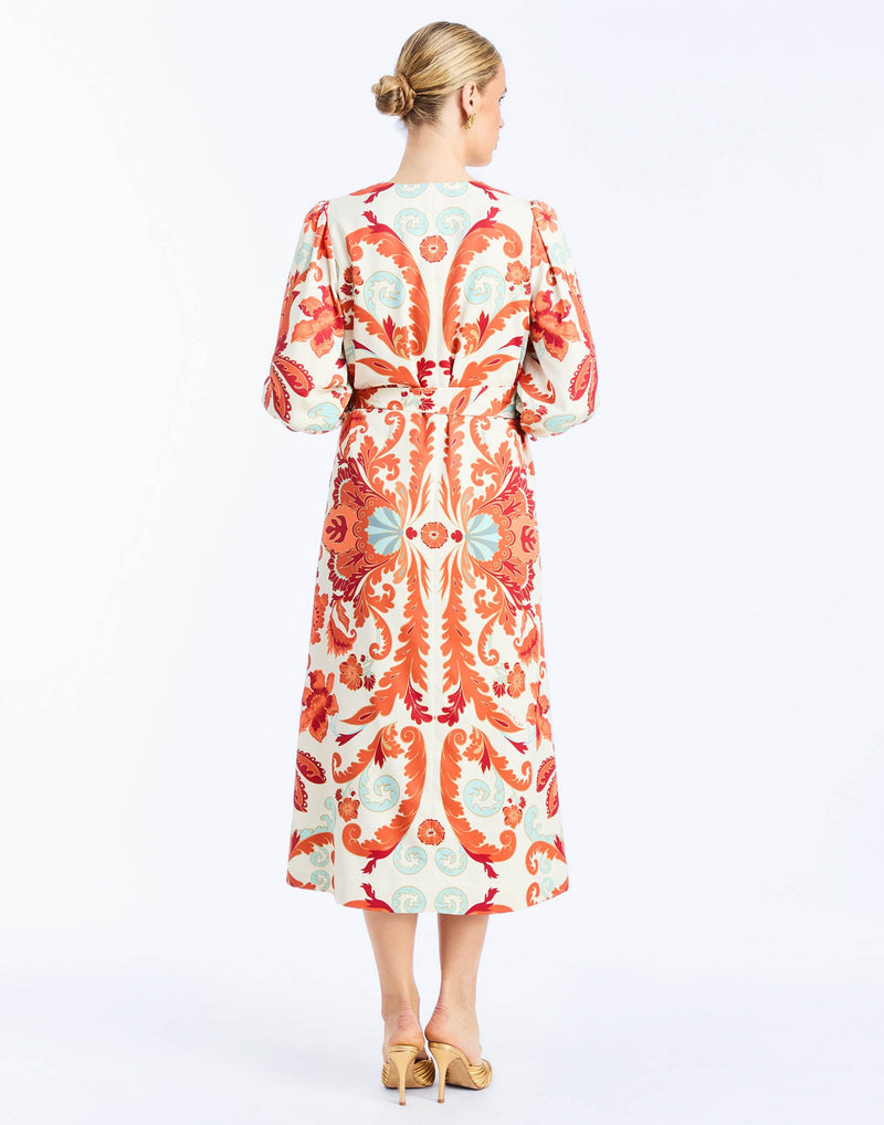 back - Suzanna Midi Dress in Rossa Waltz is an A-line daytime midi with balloon sleeves and self-tie belt