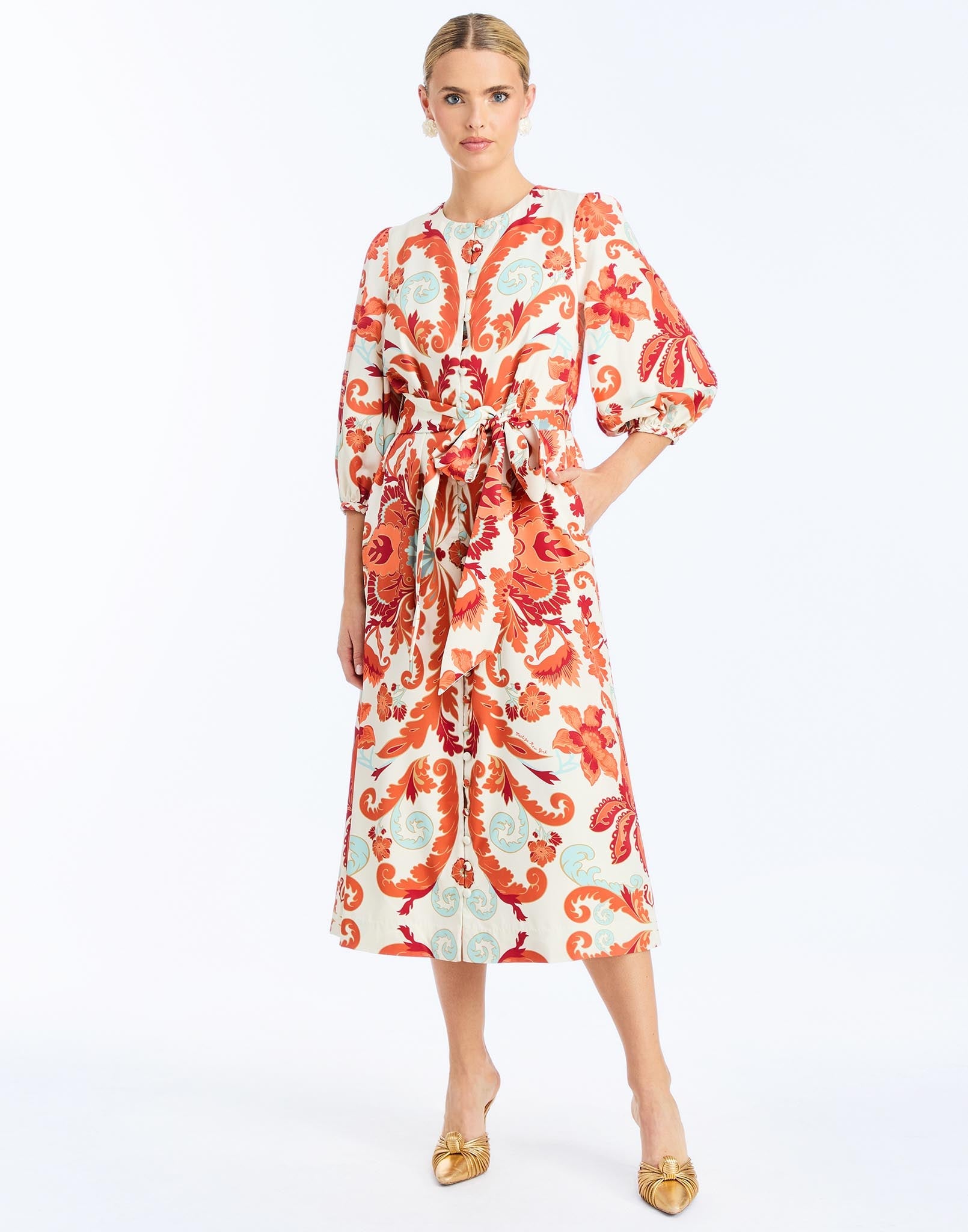 front - Suzanna Midi Dress in Rossa Waltz is an A-line daytime midi with balloon sleeves and self-tie belt