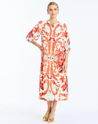 front - Suzanna Midi Dress in Rossa Waltz is an A-line daytime midi with balloon sleeves and self-tie belt