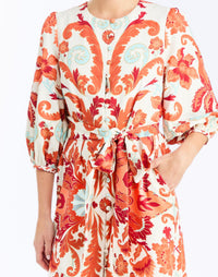 detail - Suzanna Midi Dress in Rossa Waltz is an A-line daytime midi with balloon sleeves and self-tie belt