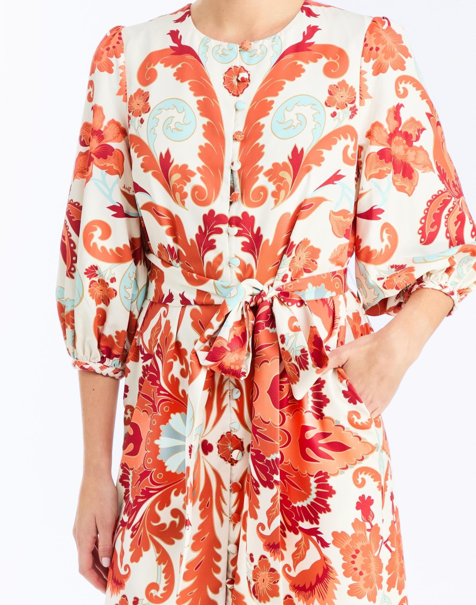 detail - Suzanna Midi Dress in Rossa Waltz is an A-line daytime midi with balloon sleeves and self-tie belt