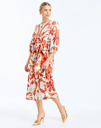 side - Suzanna Midi Dress in Rossa Waltz is an A-line daytime midi with balloon sleeves and self-tie belt