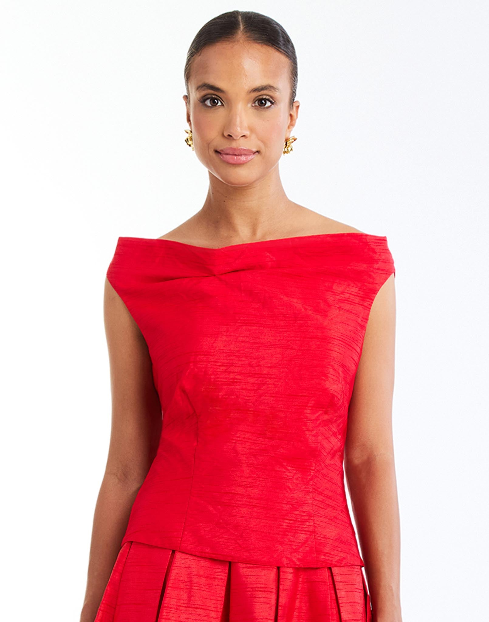 Taza Draped Top in Rose Red front – cocktail top with convertible draped cowl neckline, fitted bodice, and full lining by Mestiza New York.