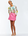 pink floral jacquard mini skirt with decorative floral buttons 