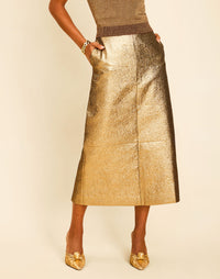 Townes Midi Skirt in Gold with a fitted high waistband and A-line midi silhouette.