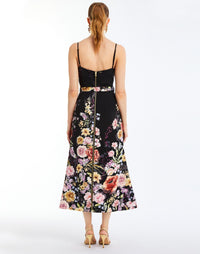 Tropez Convertible™ Midi Dress in Twilight Florals back – reversible fit-and-flare cocktail midi dress with straight-across neckline, adjustable straps, and full separating zipper by Mestiza New York.