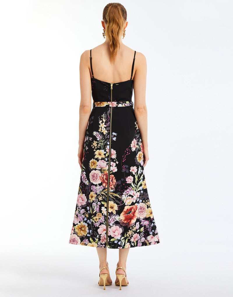 Tropez Convertible™ Midi Dress in Twilight Florals back – reversible fit-and-flare cocktail midi dress with straight-across neckline, adjustable straps, and full separating zipper by Mestiza New York.