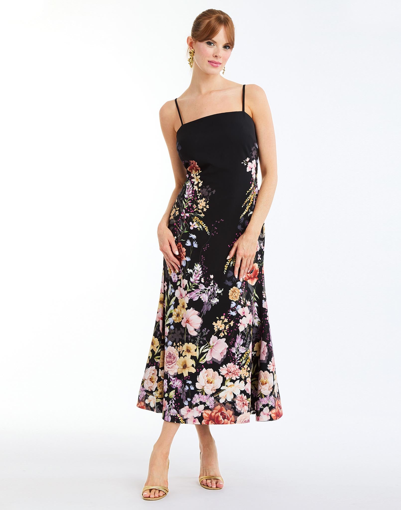 Tropez Convertible™ Midi Dress in Twilight Florals front – reversible fit-and-flare cocktail midi dress with straight-across neckline, adjustable straps, and full separating zipper by Mestiza New York.