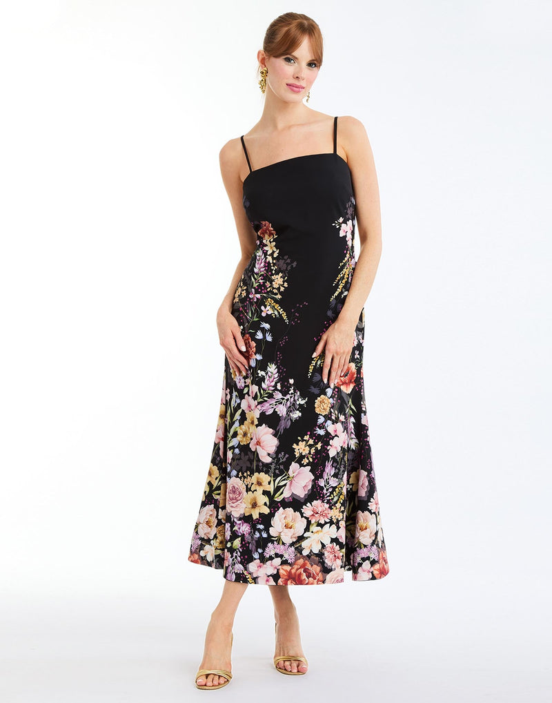Tropez Convertible™ Midi Dress in Twilight Florals front – reversible fit-and-flare cocktail midi dress with straight-across neckline, adjustable straps, and full separating zipper by Mestiza New York.