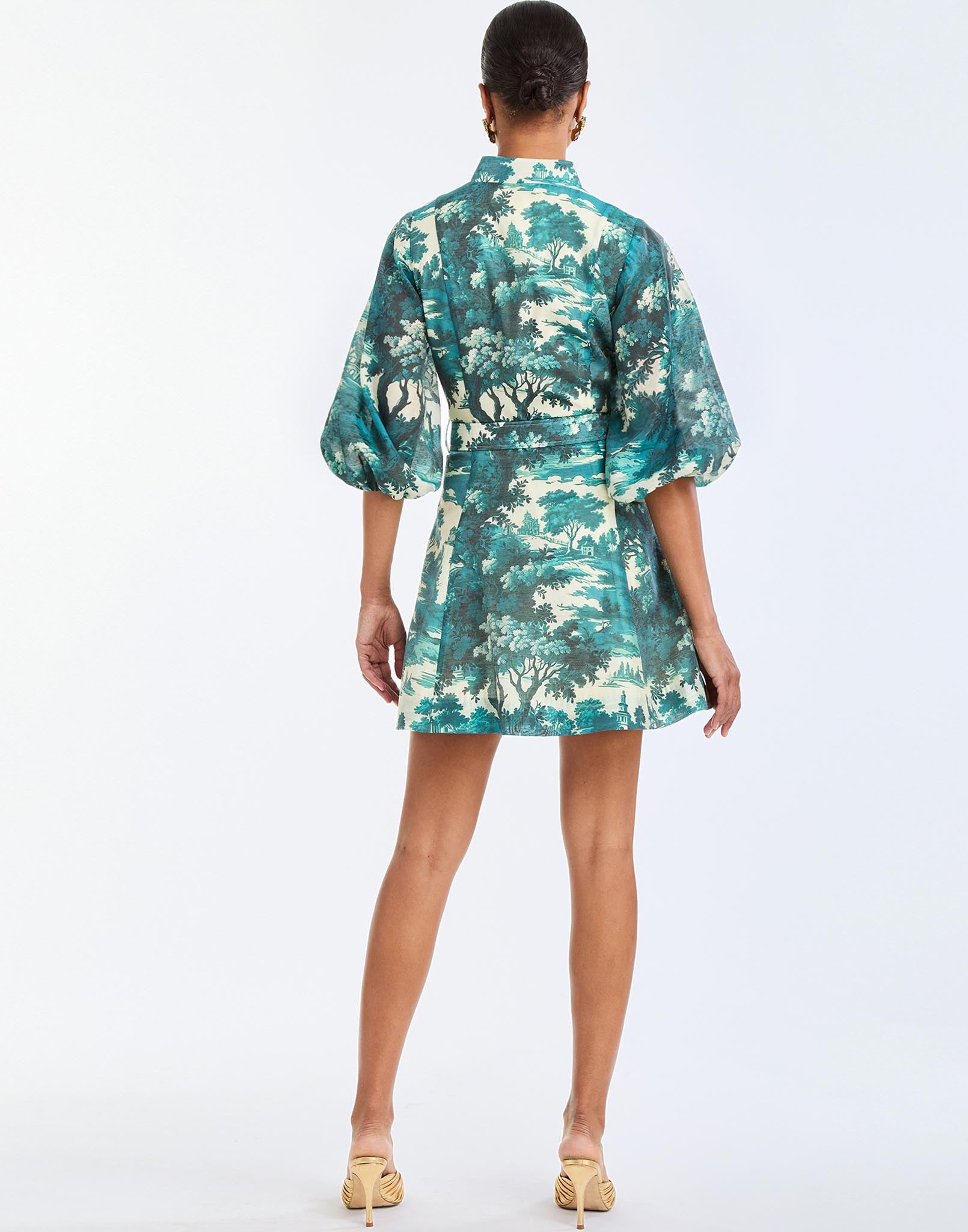 Valencia Mini Dress in Ceramic Toile back – daytime mini dress with mandarin collar, balloon sleeves, side seam pockets, and A-line silhouette by Mestiza New York.