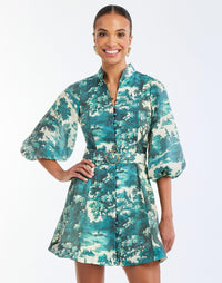 Valencia Mini Dress in Ceramic Toile front – daytime mini dress with mandarin collar, balloon sleeves, side seam pockets, and A-line silhouette by Mestiza New York.