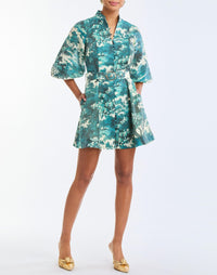 Valencia Mini Dress in Ceramic Toile full body – daytime mini dress with mandarin collar, balloon sleeves, side seam pockets, and A-line silhouette by Mestiza New York.