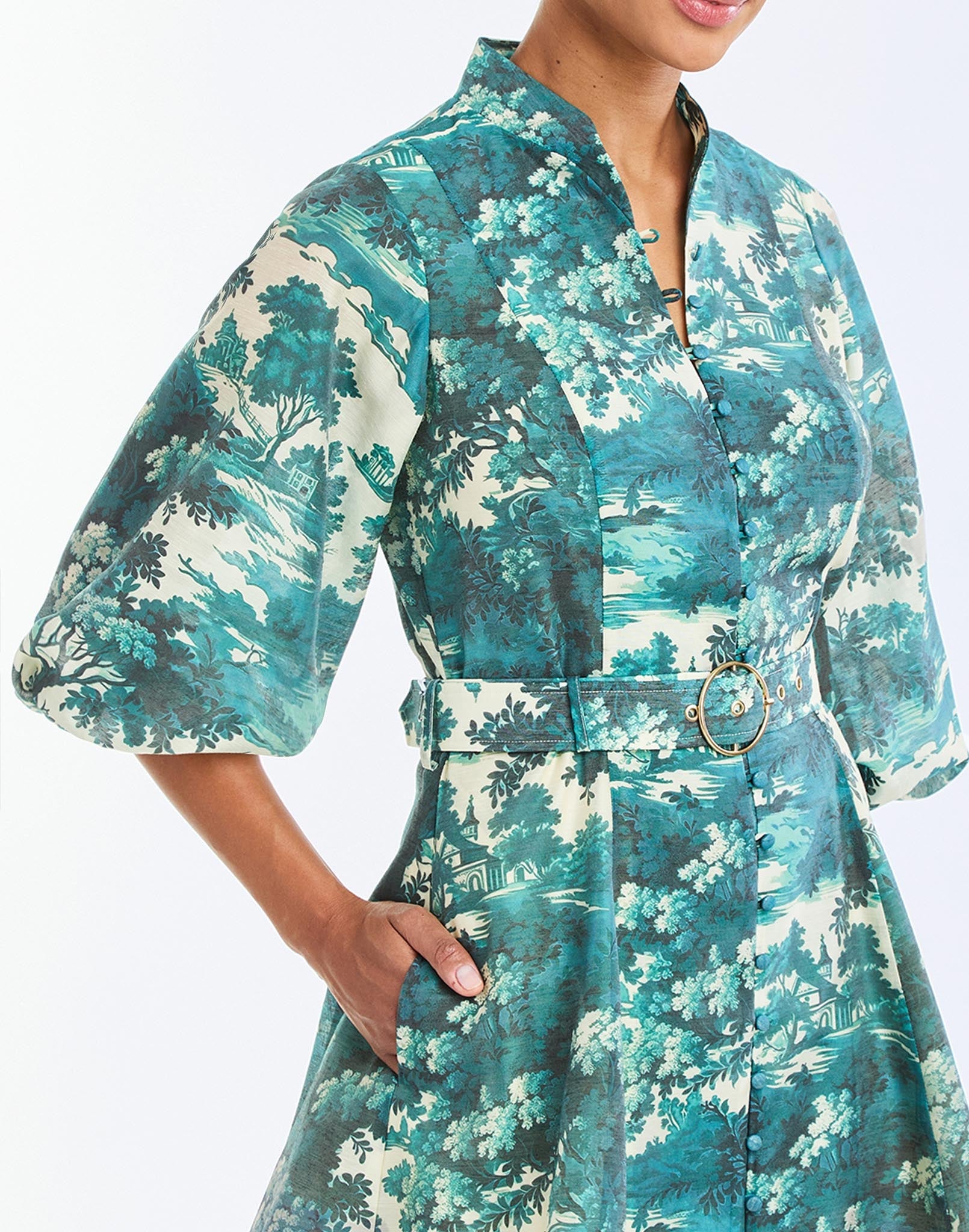 Valencia Mini Dress in Ceramic Toile detail – daytime mini dress with mandarin collar, balloon sleeves, side seam pockets, and A-line silhouette by Mestiza New York.