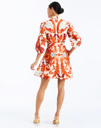 back - Valencia Mini Dress in Rossa Waltz – fit-and-flare cocktail dress with mandarin collar, balloon sleeves, belt, and flared hem