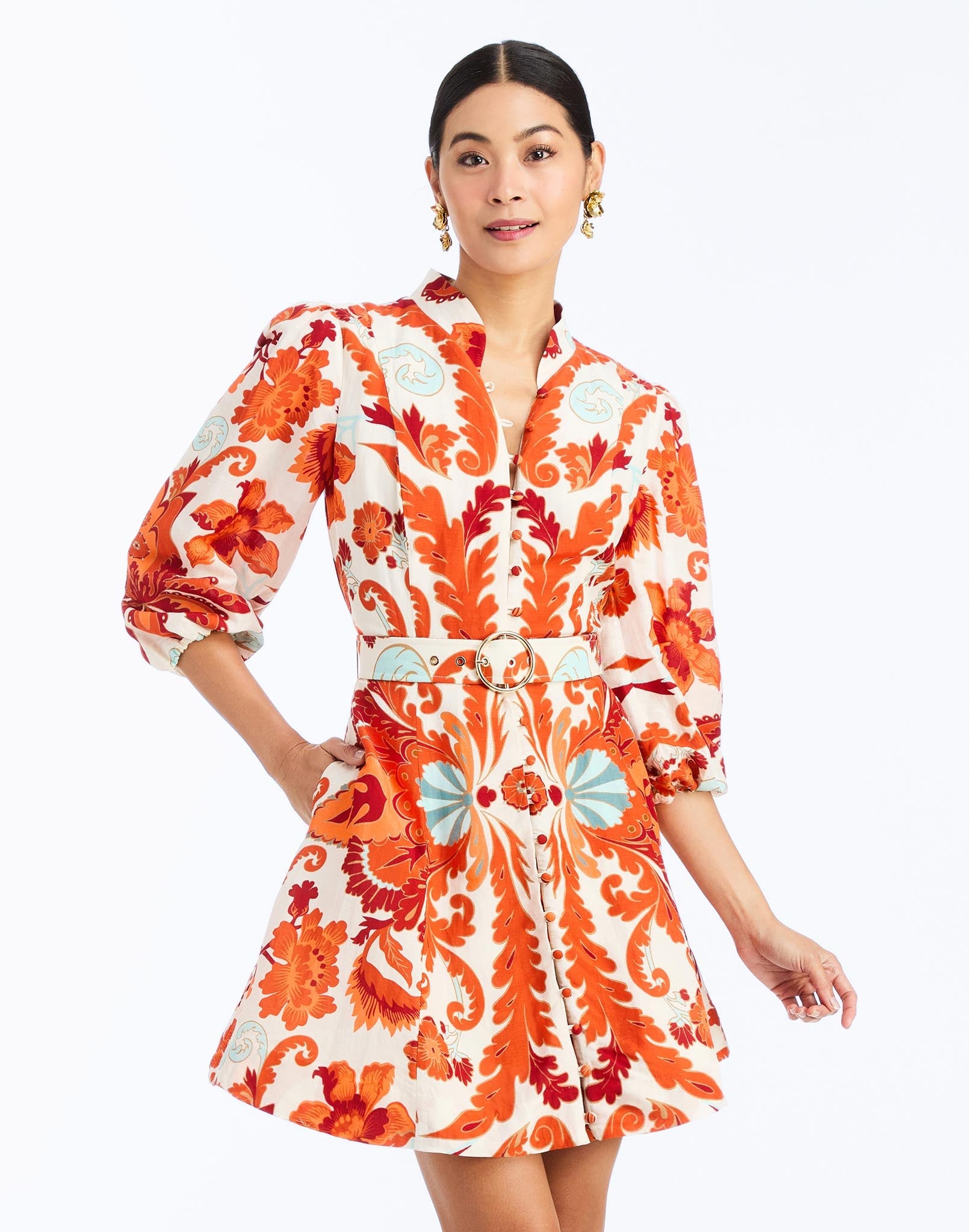 Front - Valencia Mini Dress in Rossa Waltz – fit-and-flare cocktail dress with mandarin collar, balloon sleeves, belt, and flared hem