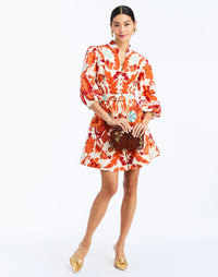 Full body - Valencia Mini Dress in Rossa Waltz – fit-and-flare cocktail dress with mandarin collar, balloon sleeves, belt, and flared hem