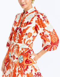 detail - Valencia Mini Dress in Rossa Waltz – fit-and-flare cocktail dress with mandarin collar, balloon sleeves, belt, and flared hem