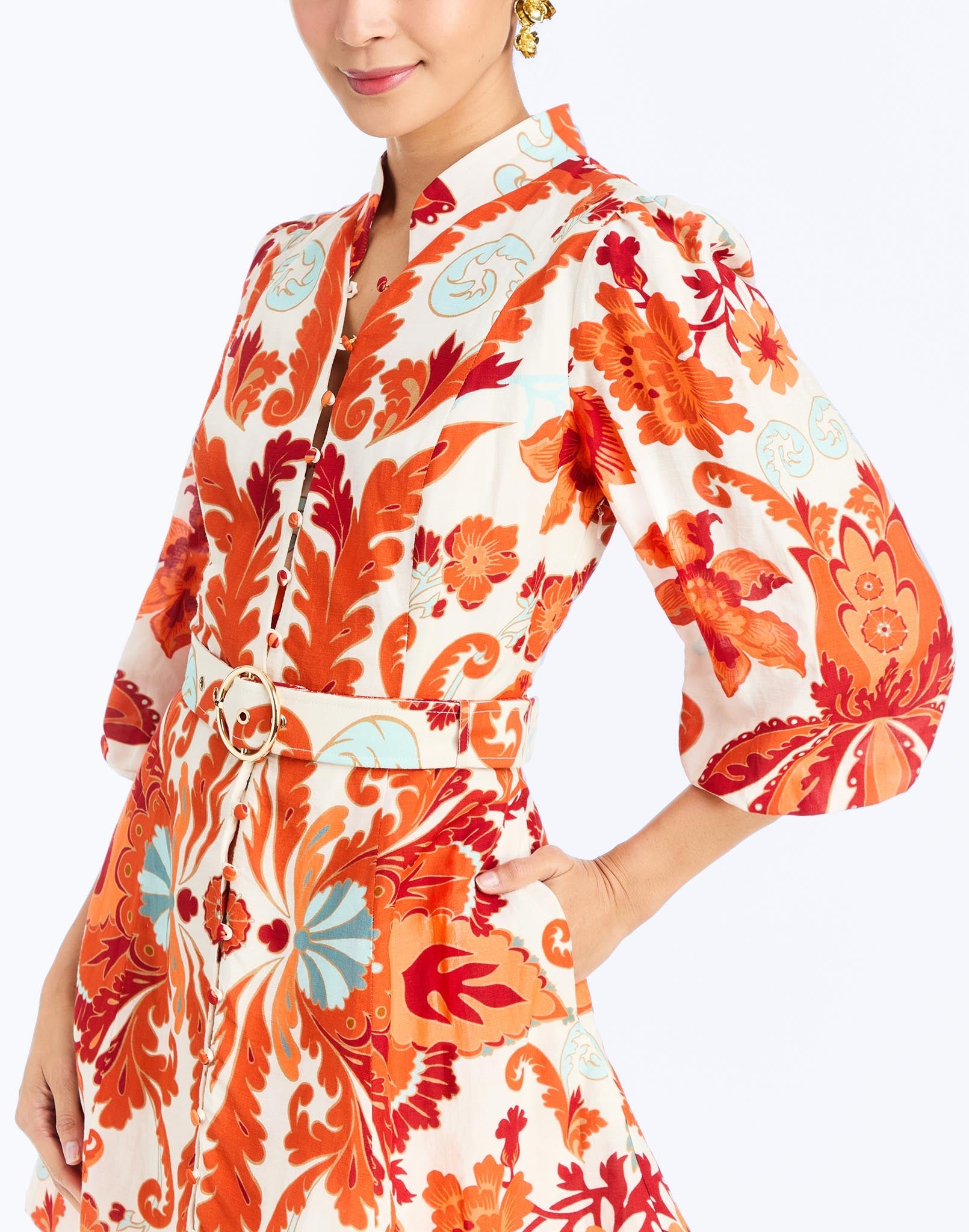 detail - Valencia Mini Dress in Rossa Waltz – fit-and-flare cocktail dress with mandarin collar, balloon sleeves, belt, and flared hem