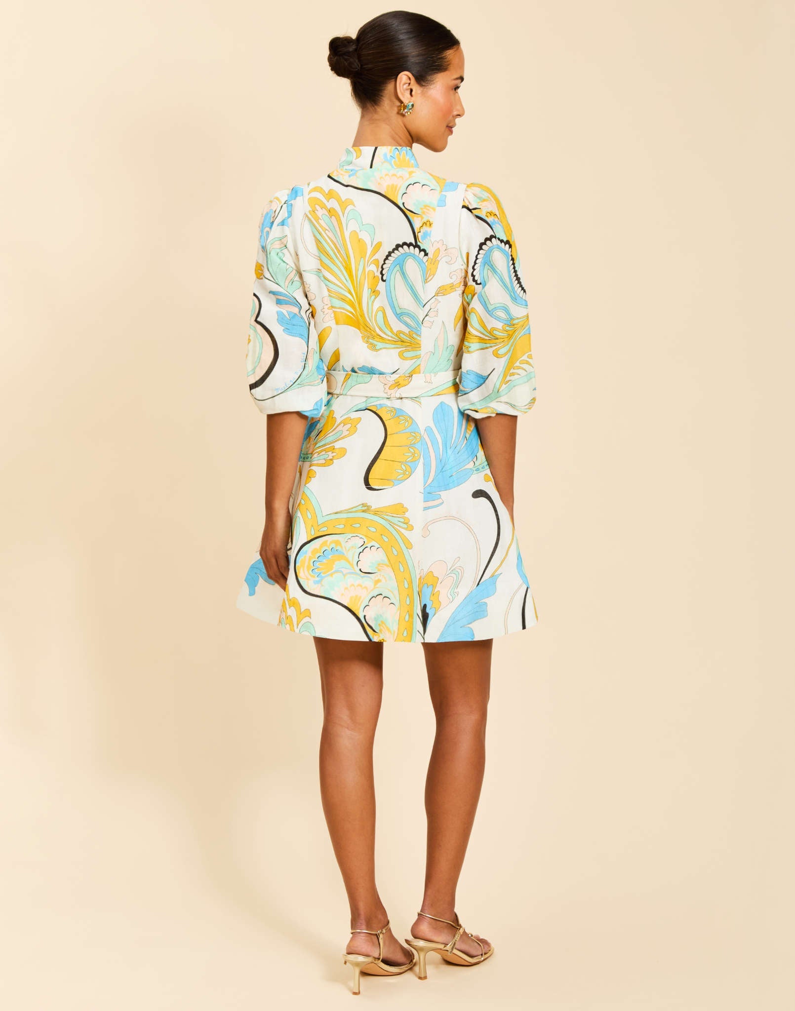 Valencia Mini Dress in Marble Rhapsody linen organza with mandarin collar, balloon sleeves, removable belt, and side pockets.