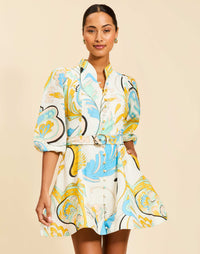 Valencia Mini Dress in Marble Rhapsody linen organza with mandarin collar, balloon sleeves, removable belt, and side pockets.