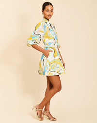 Valencia Mini Dress in Marble Rhapsody linen organza with mandarin collar, balloon sleeves, removable belt, and side pockets.