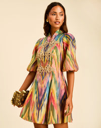 Valencia Frog Knot Mini Dress in Holiday Ikat with a mandarin V-neckline, frog knots, balloon sleeves, and flared skirt.
