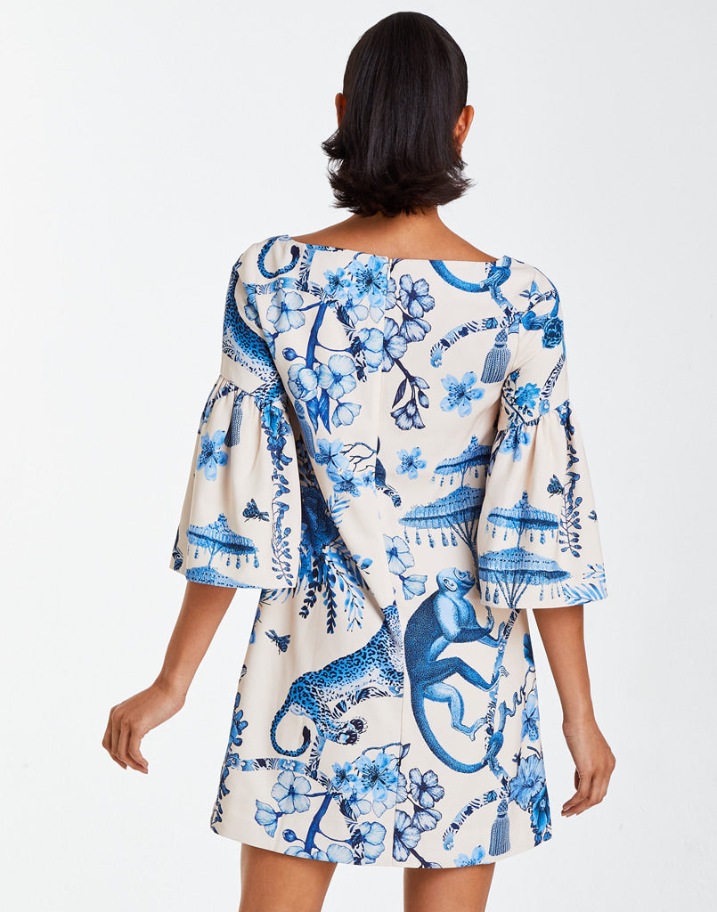 Blue and white chinoiserie print dress Terno-inspired sleeves