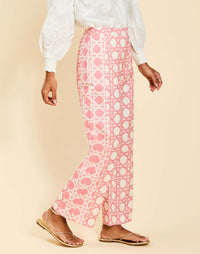 Wylie Pant in Lattice Blush linen with high-waisted fit, straight-leg silhouette, princess seam paneling, and side seam pockets.