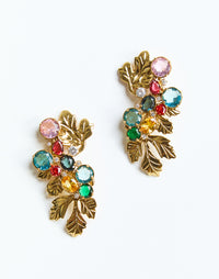Cerna Earrings front – gold-plated earrings with multi-color crystal gemstones and steel post backing by Mestiza New York.