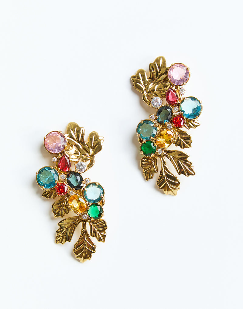 Cerna Earrings front – gold-plated earrings with multi-color crystal gemstones and steel post backing by Mestiza New York.
