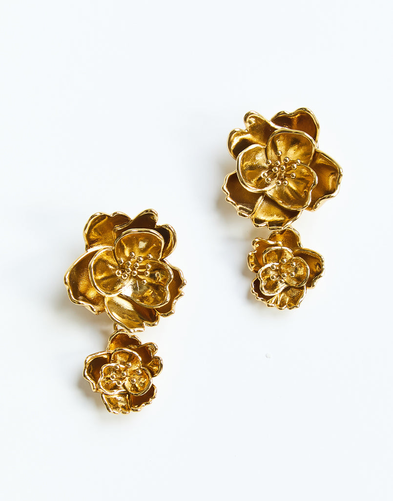 Preston Convertible™ Earring in Antique Gold front – gold-plated convertible flower earrings with removable drop jacket and steel post backing by Mestiza New York.