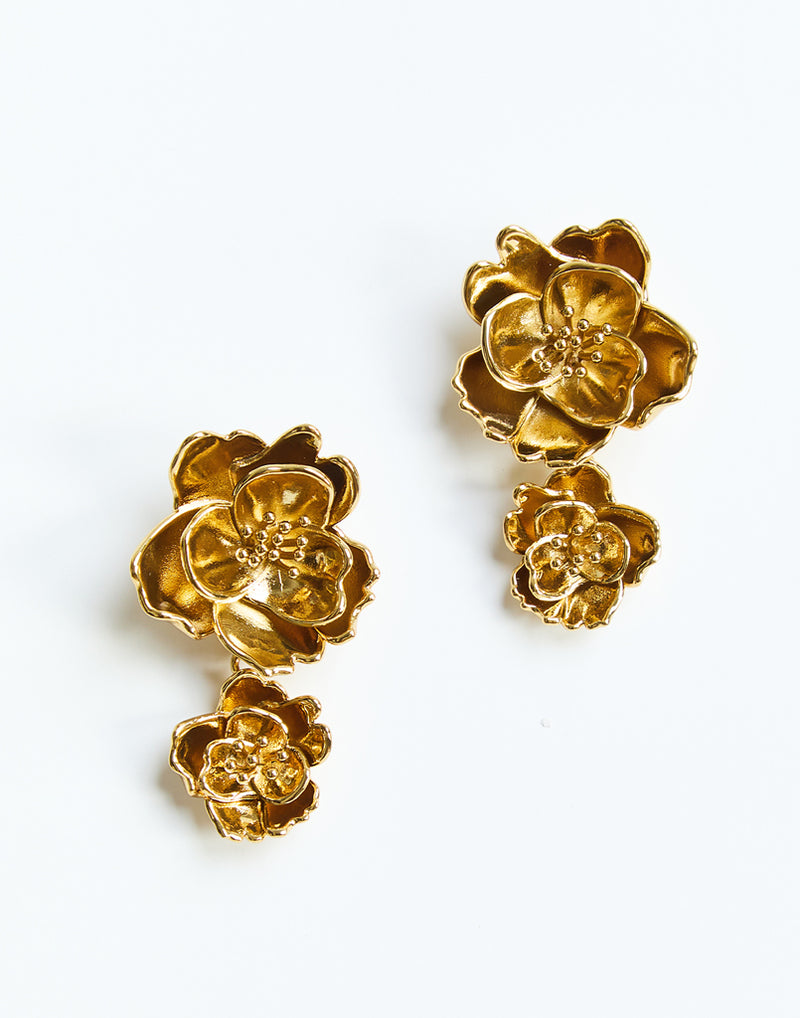 Preston Convertible™ Earring in Antique Gold front – gold-plated convertible flower earrings with removable drop jacket and steel post backing by Mestiza New York.