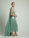 Video - Lillian Convertible Gown in Aquarelle Blue is a sequin column gown with removable cape and bow details.
